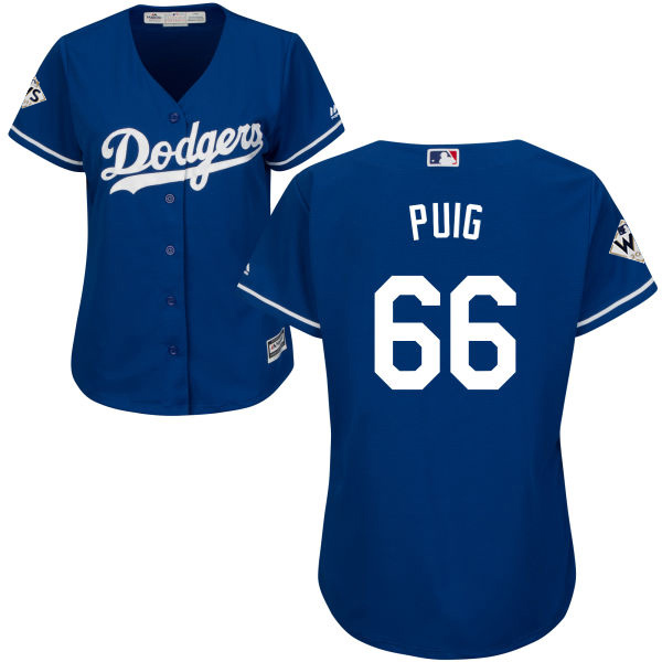 Dodgers #66 Yasiel Puig Blue Alternate World Series Bound Women's Stitched MLB Jersey - Click Image to Close